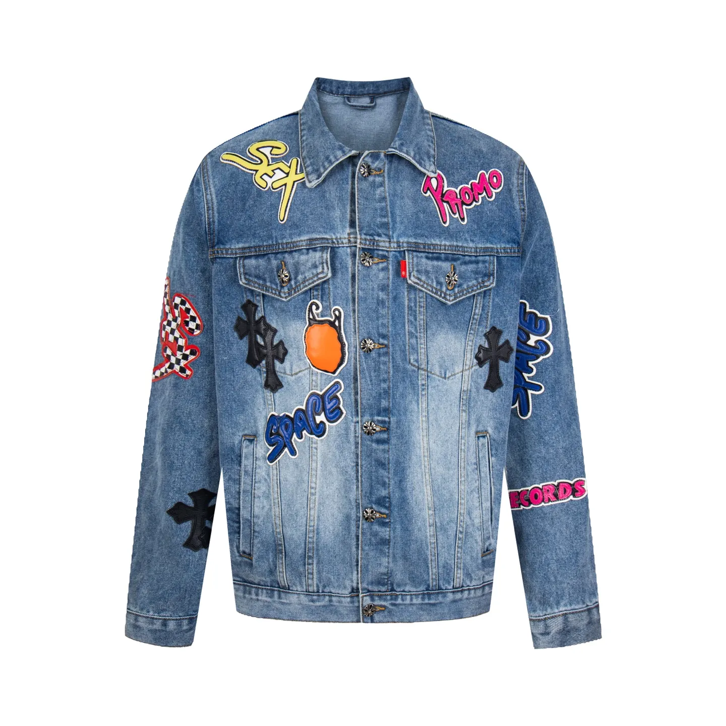 P320 ChromeHearts/Cro Hearts Cartoon Letter Chapter Cross Patchwork Leather Denim Jacket If you are obsessed with ChromeHearts, you can check it out. The same style for celebrities. Chrome Hearts is a very representative shirt jacket. The upper body of both men and women is really amazing, and it is the same style as Yu Shuxin and Angelababy! Recommended loose style for girls, super sweet! As soon as you go out, you will turn heads‼ ️This jacket really closes your eyes. Style number: 1857# (same style pants are available) Color: light blue Size: S M L XL